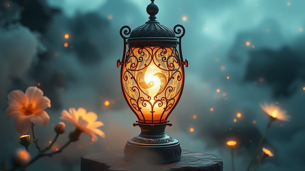 Luminescent Lamp Glows in Mystical Sci-Fi Landscape