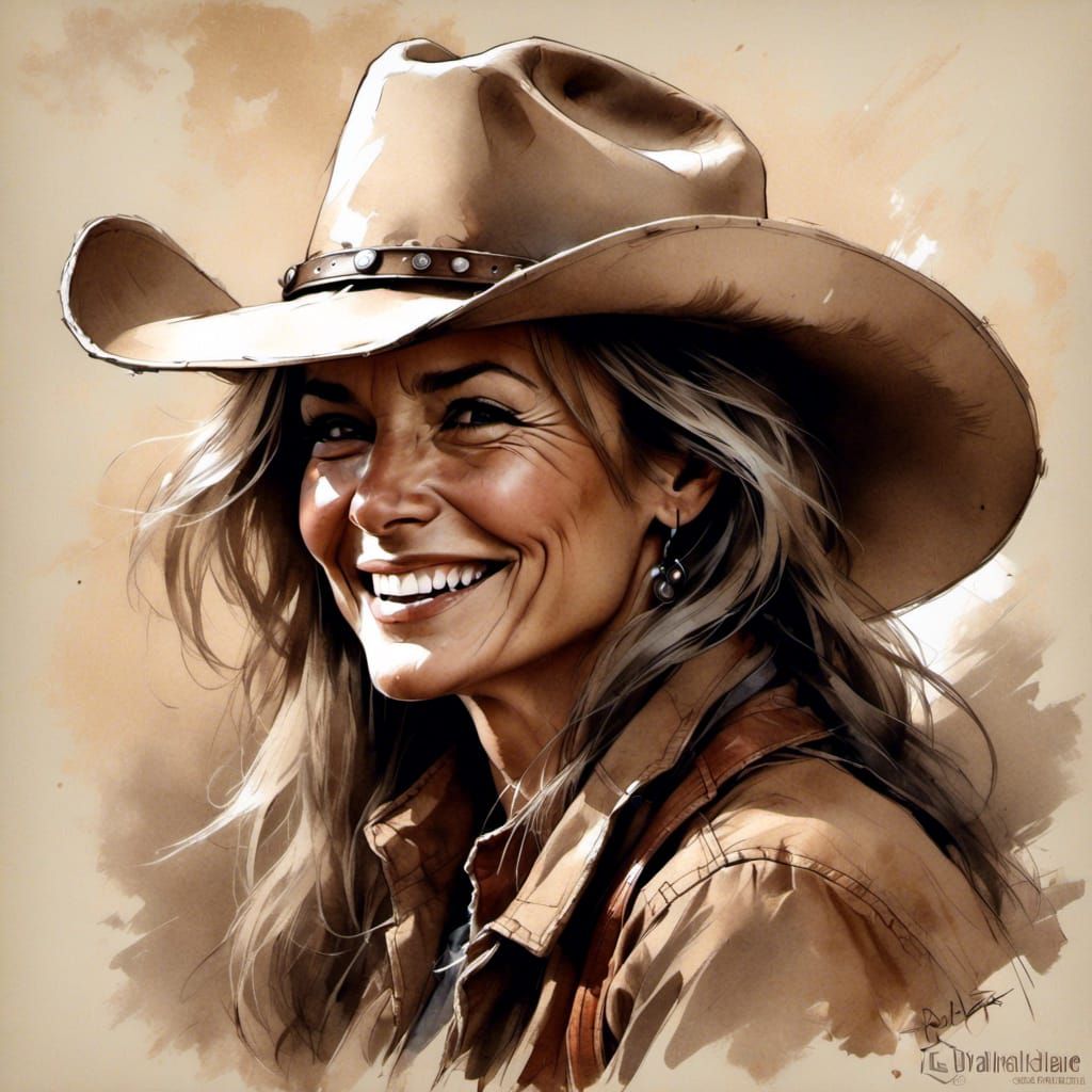 Smiling Cowgirl in Hat: Side View Portrait