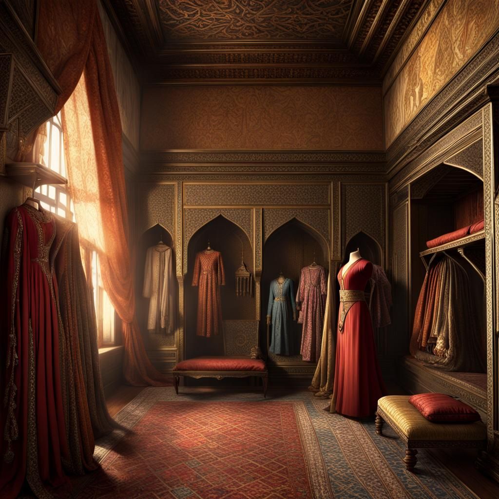 Opulent Ottoman Sultan Dressing Room with Sumptuous Clothes