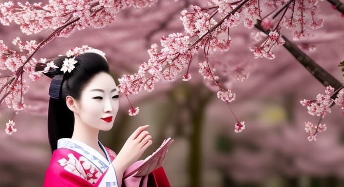 Geisha Smelling Cherry Flower Under Sakura Tree