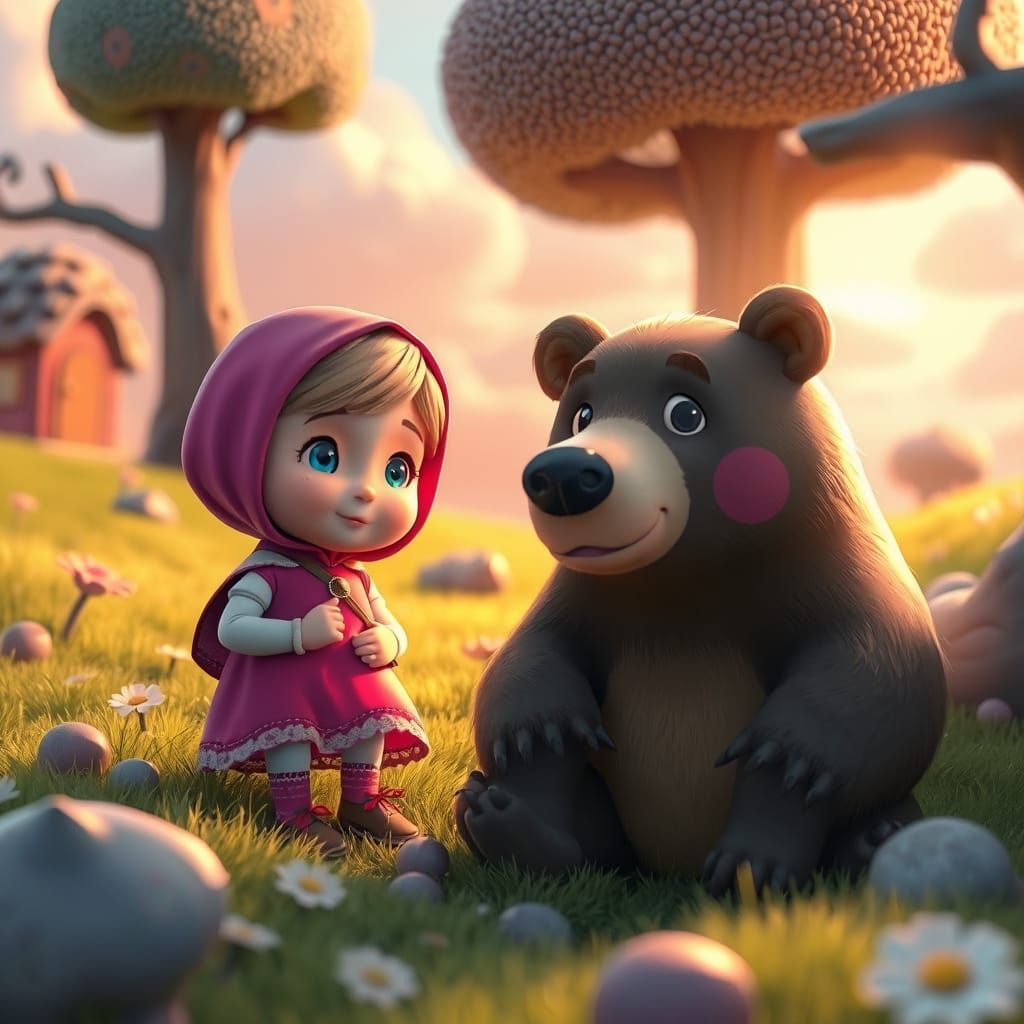 Masha and the Bear in Surreal 3D Cartoon Style