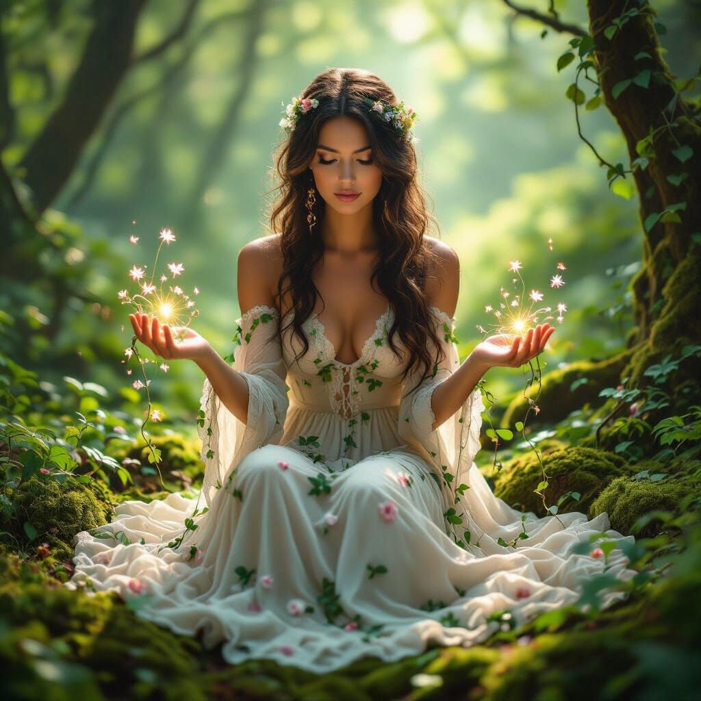 Enchanted Forest Woman with Blooming Hands