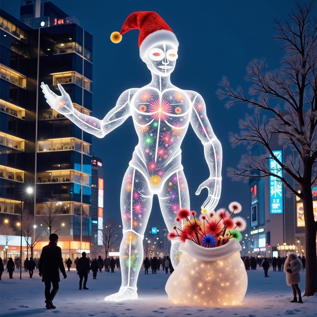 <lora:Flux Photogram 6:1.0> A Translucent Ultraman  hologram wearing a Santa hat carrying  a sack of toys  projected  fr...