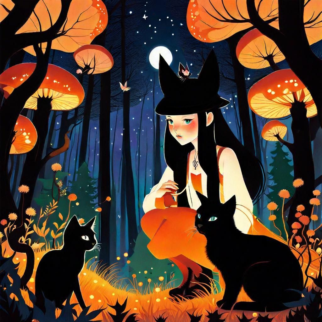 Whimsical Witch and Cat by Magical Forest Tree
