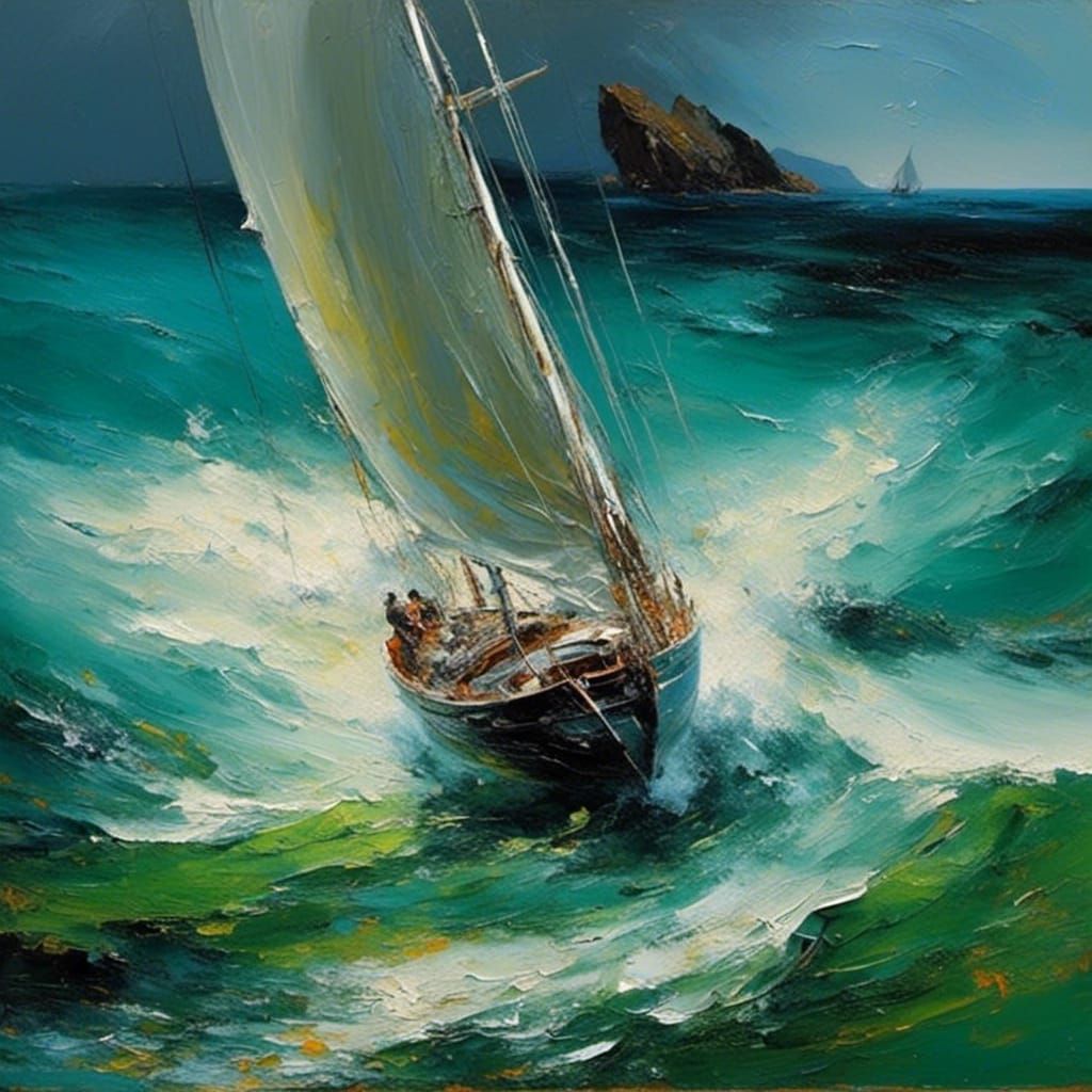 Seascape Sailboat: High Seas Oil Painting in Gurney Style