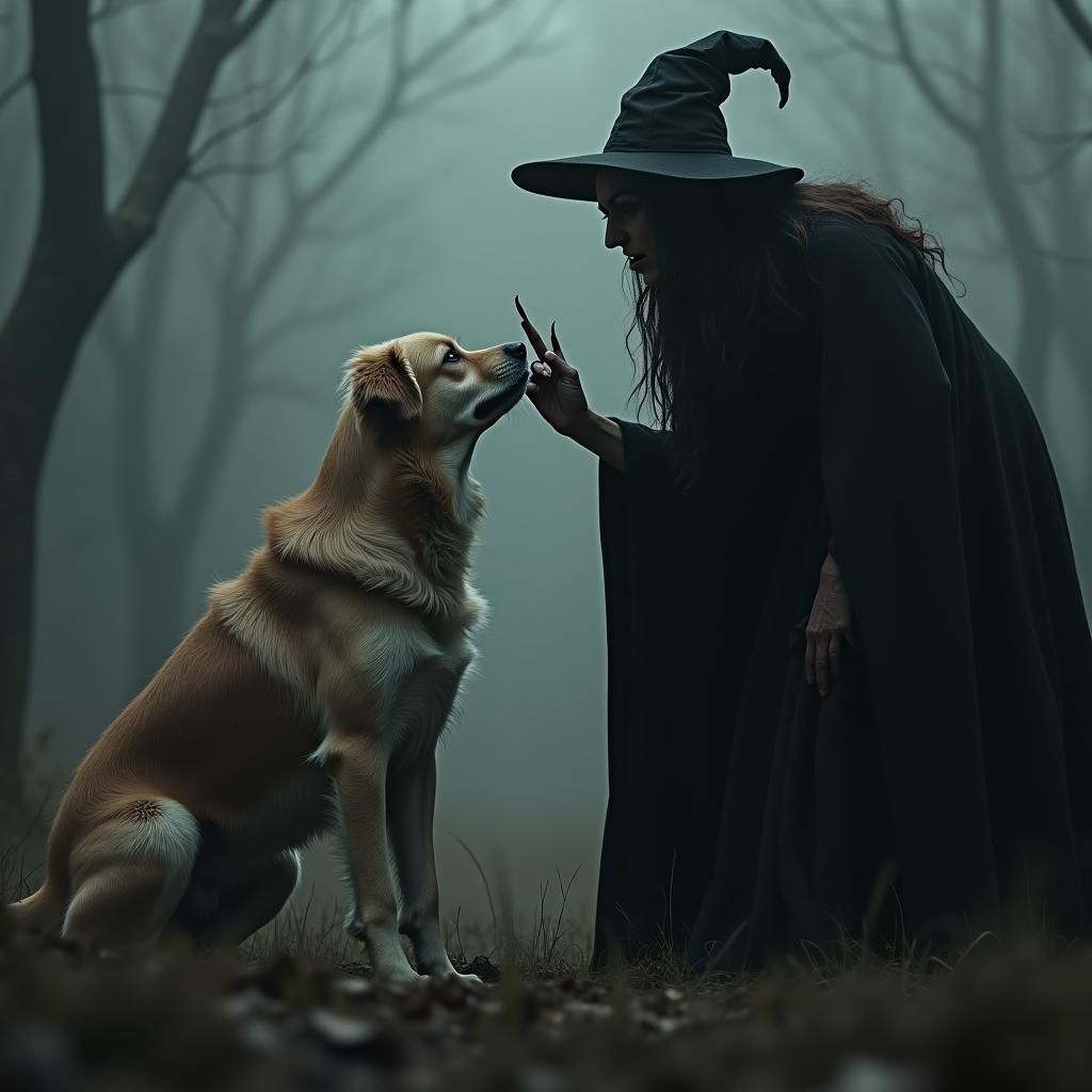 Witch Shushing Dog in Pixar Style