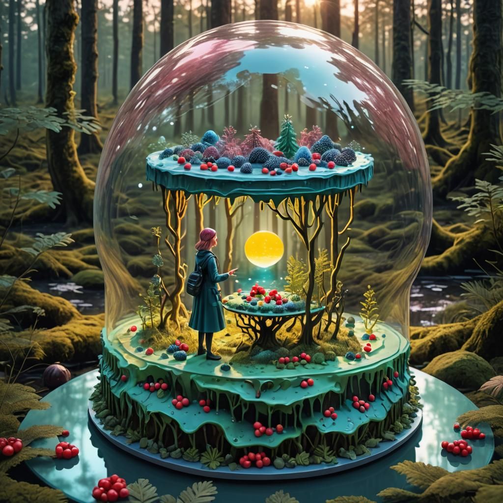 Bioluminescent Scandinavian Forest Cake with Woman