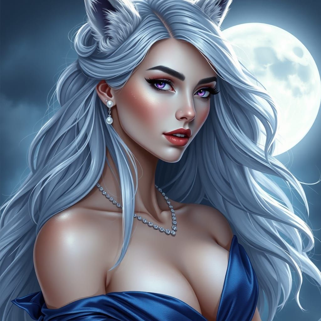 Ethereal Wolf-Human Hybrid Goddess in Lunar Regalia
