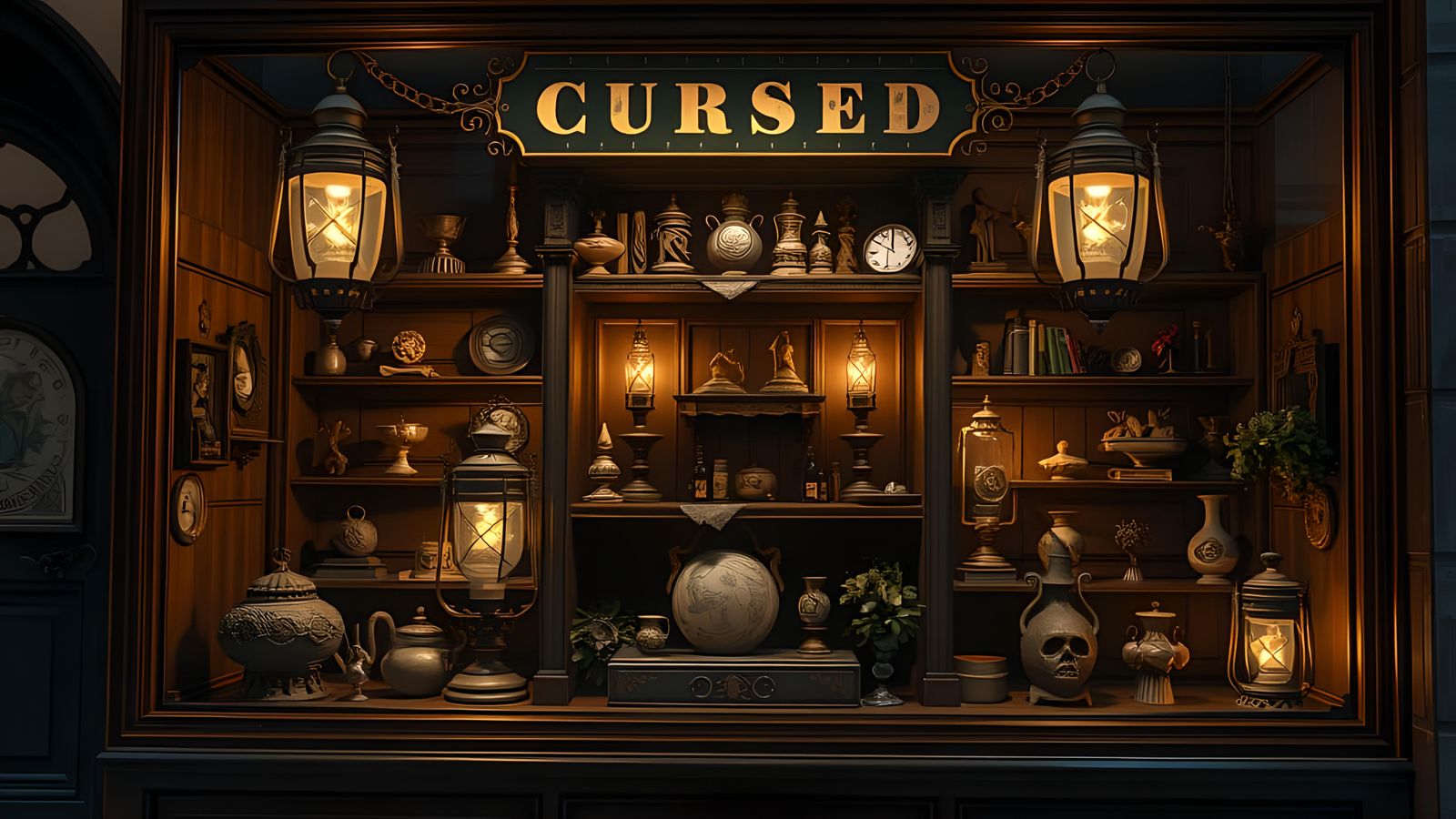 Cursed Objects in Old Shop Window: Horror Art