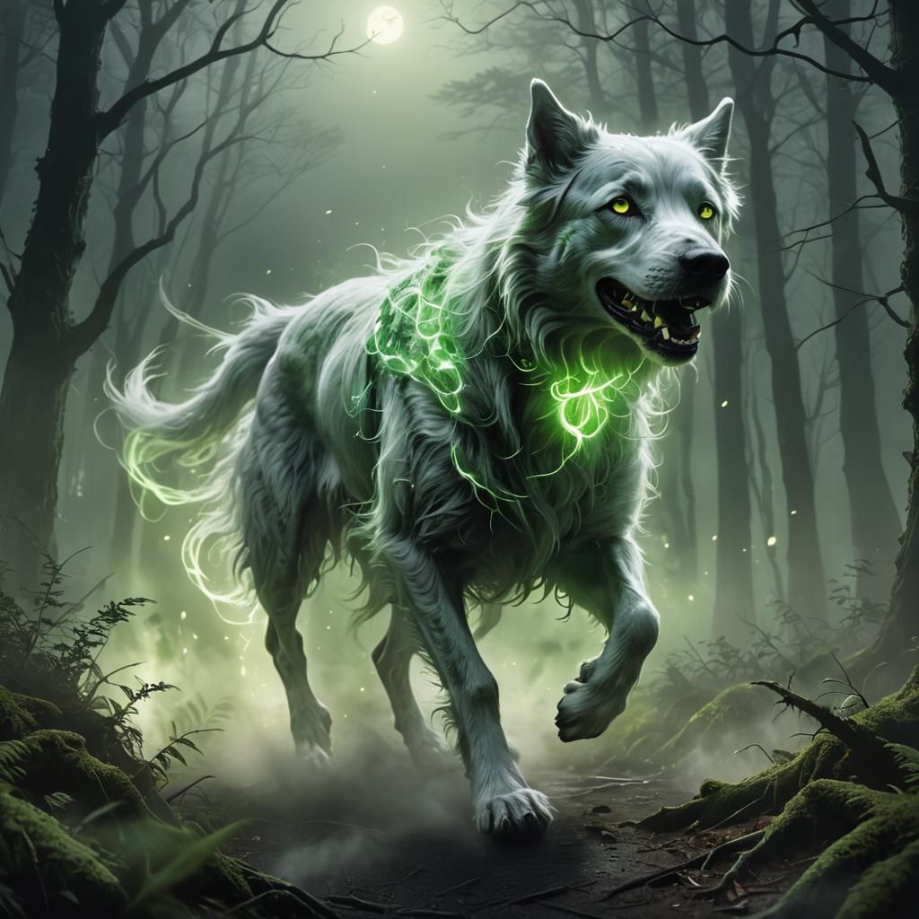 Ethereal Ghost Dog Runs Through Misty Forest