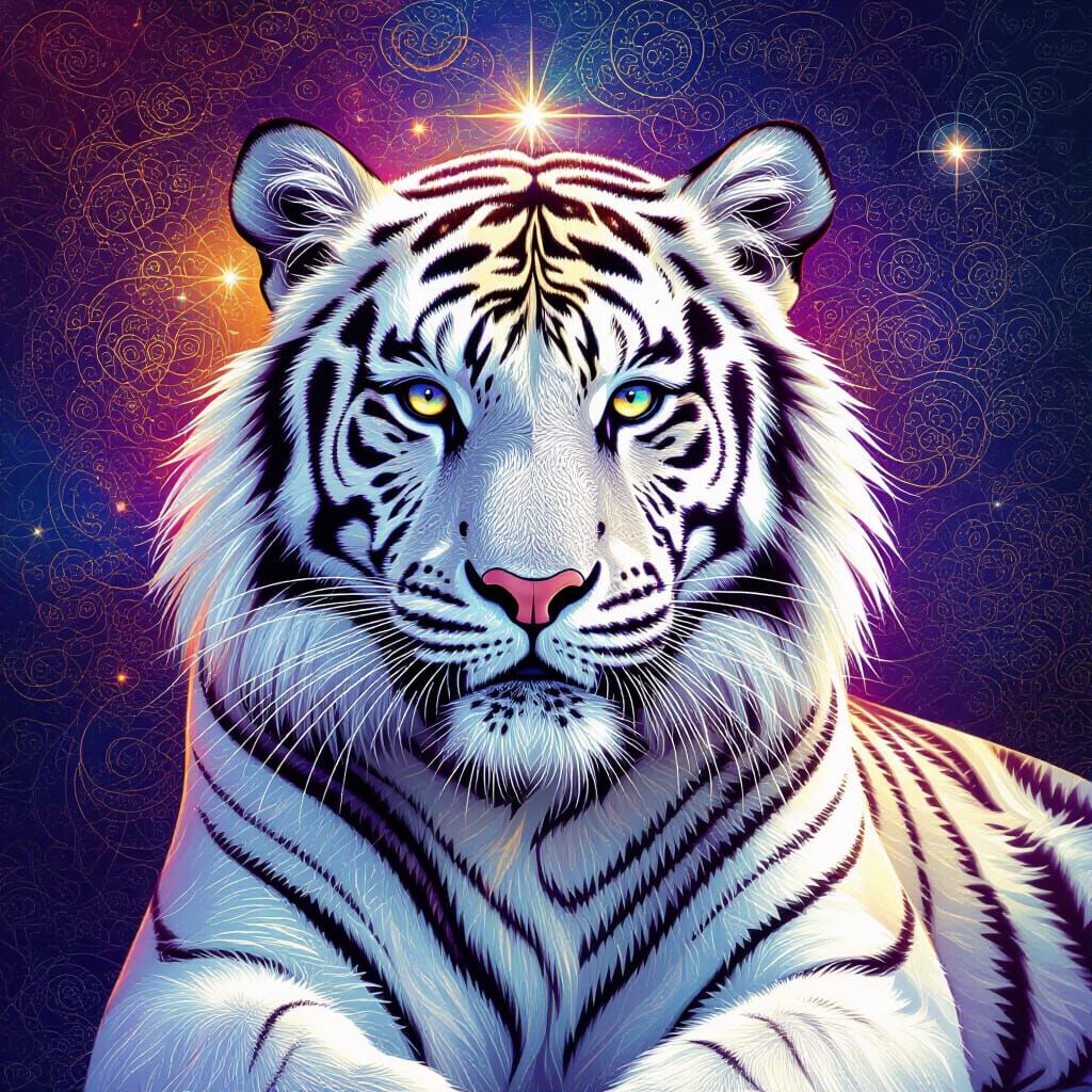 Cosmic White Tiger in Visionary Art Style
