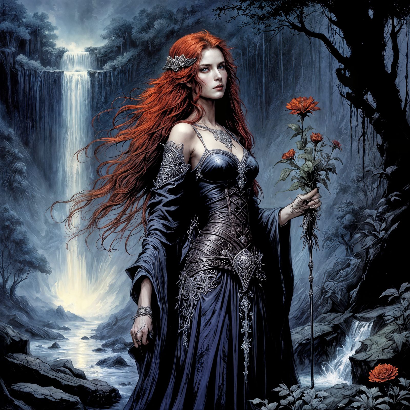 Maiden in Forest with Waterfall, Dark Fantasy Art