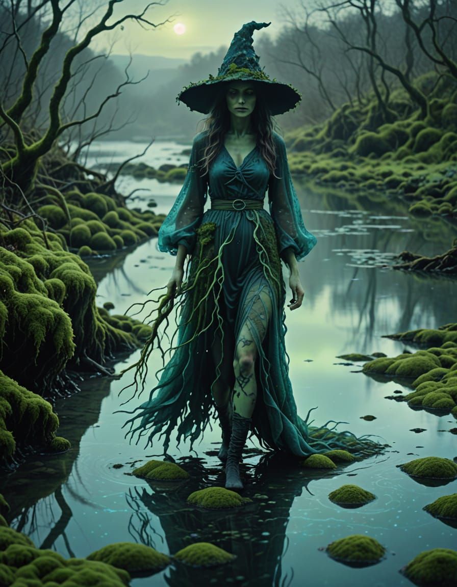 Surreal Witch on River's Edge in Bioluminescent Art Style