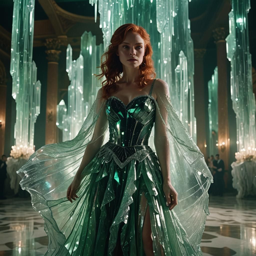 Woman in Crystalline Skirt in Grand Ballroom