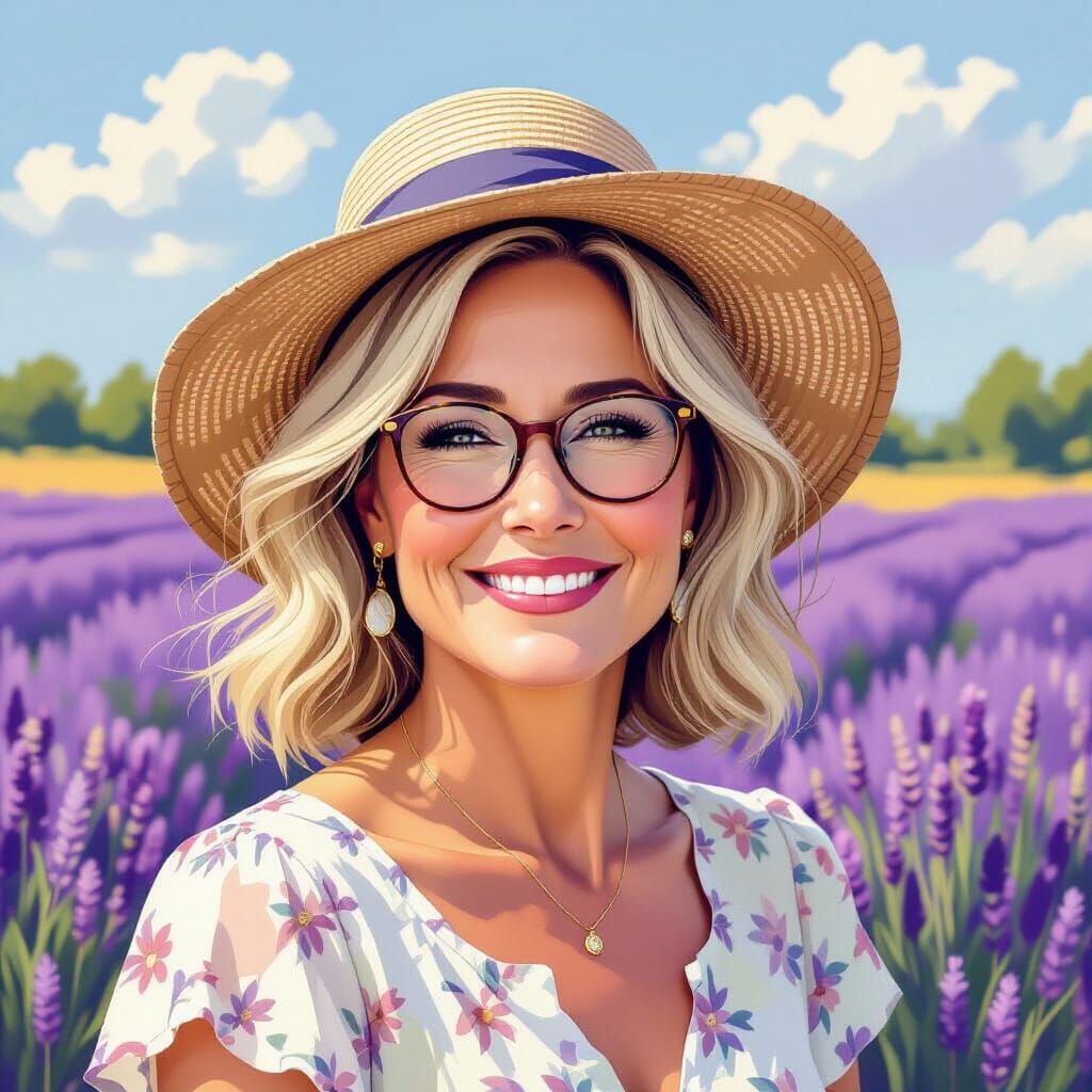 Painterly Portrait of a Smiling Woman in Lavender Field