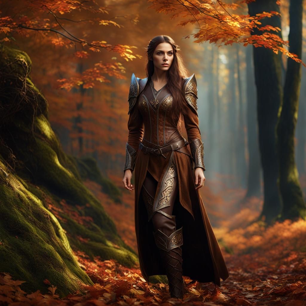 Female Wood Elf in Autumn Forest, Detailed Matte Painting