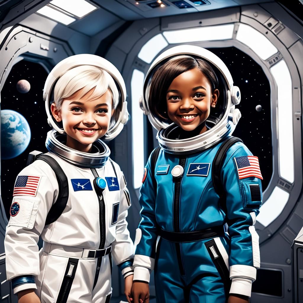 Two Young Astronauts Smiling in Spaceship