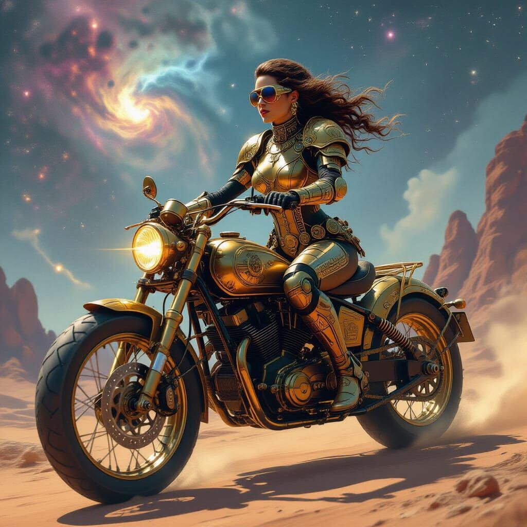 Steampunk Lady Rides Cosmic Bike with Ancient Runes