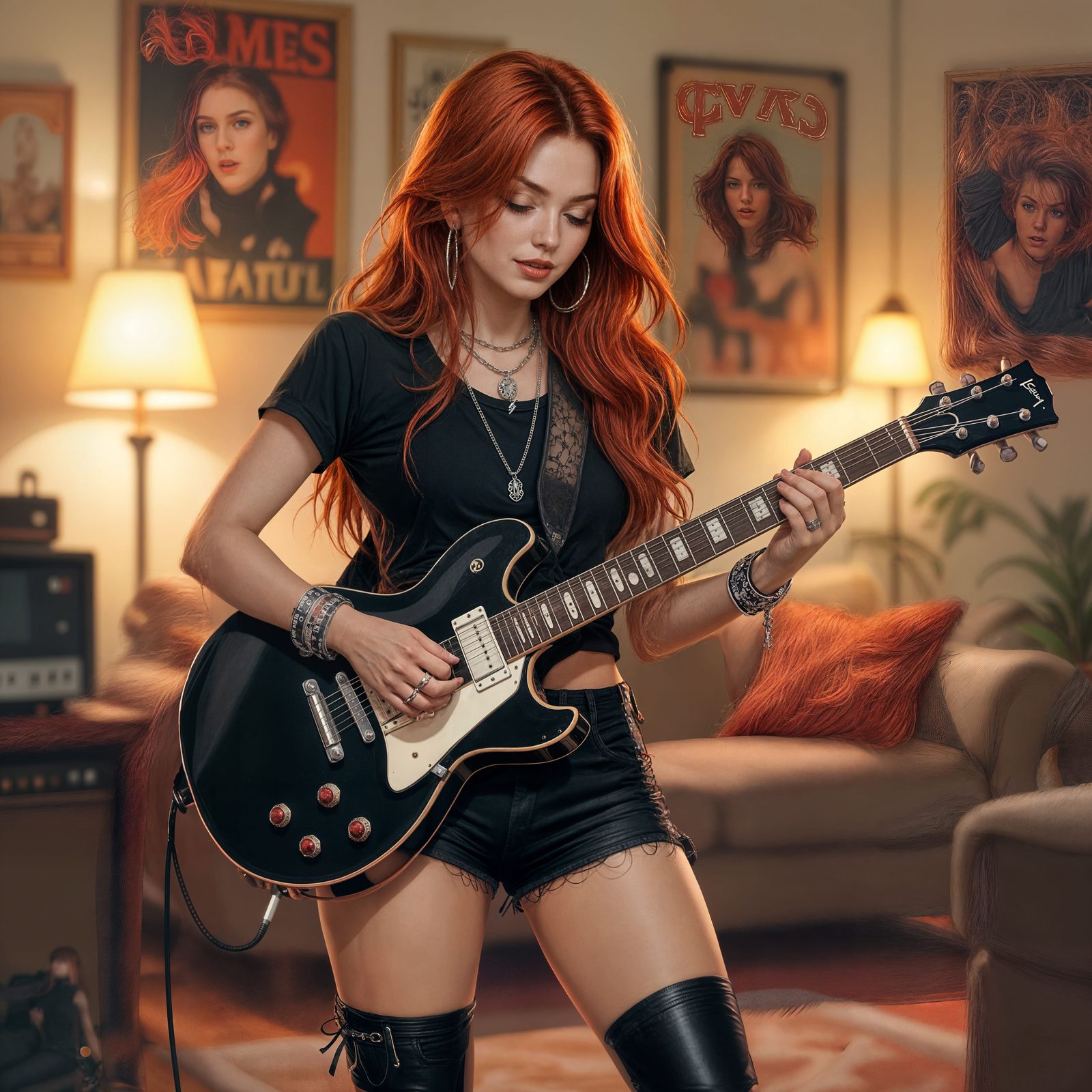 Redhead Woman Rocks Out on Electric Guitar