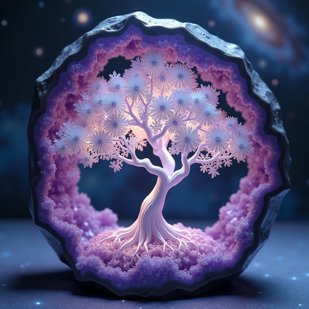 Ethereal Bonsai Tree in Amethyst Geode with Galaxies