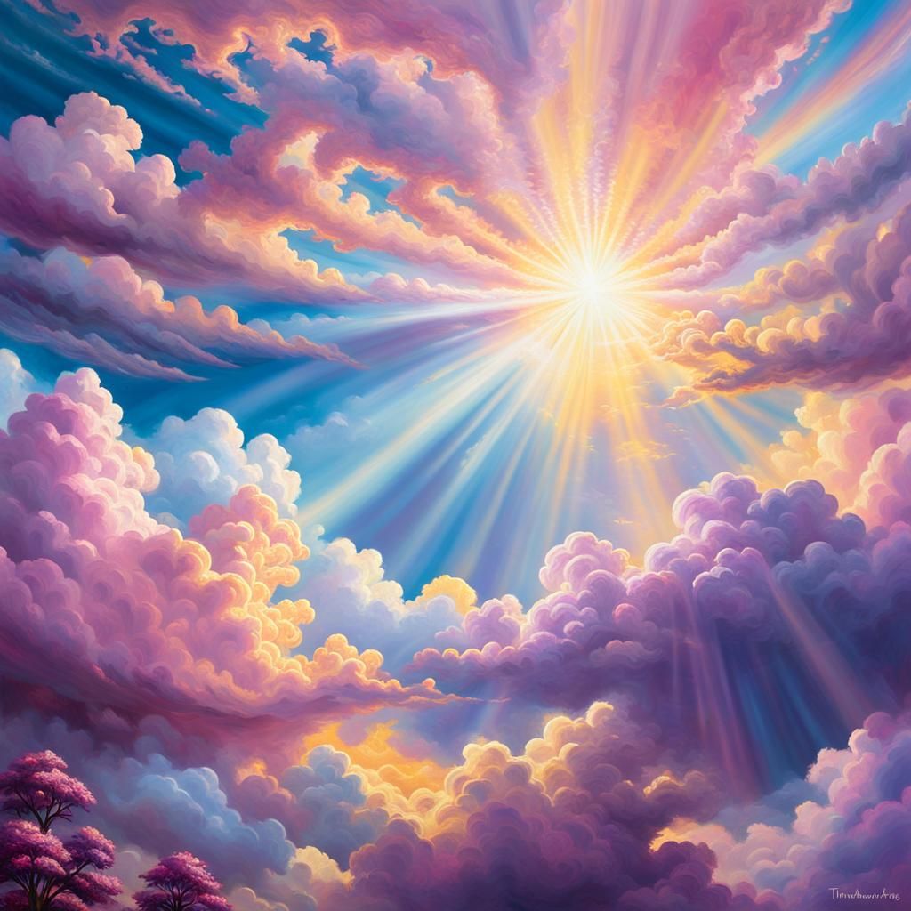 Cosmic Sunbeams Through Ethereal Fractal Clouds