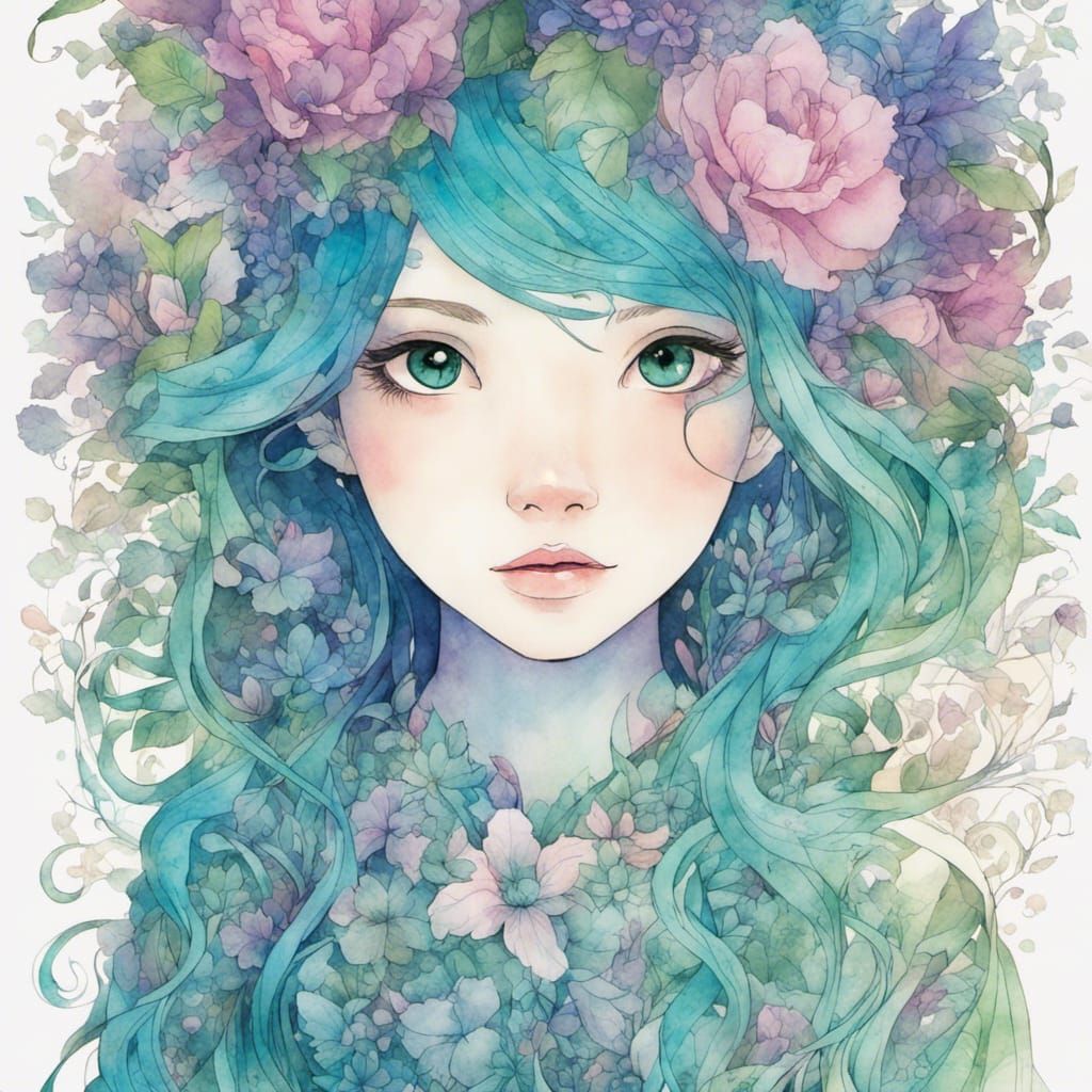 Floral Fairytale Princess in Watercolor Comic Style