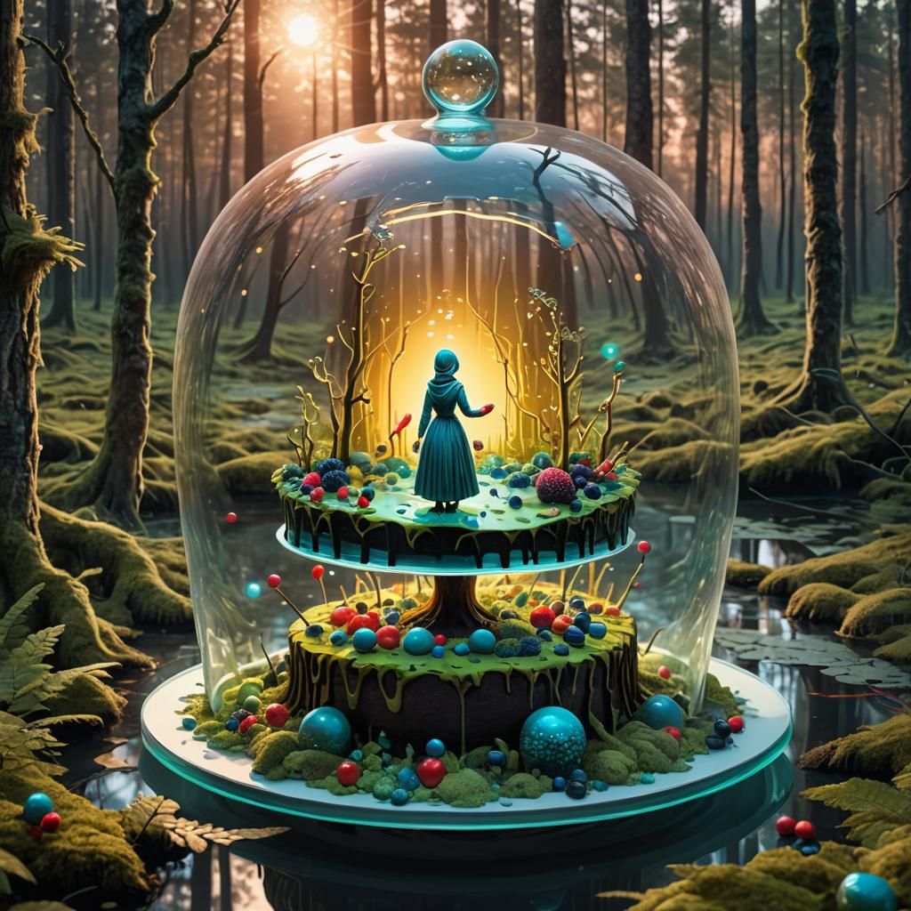 Scandinavian Forest Cake with Woman in Glass Bobble