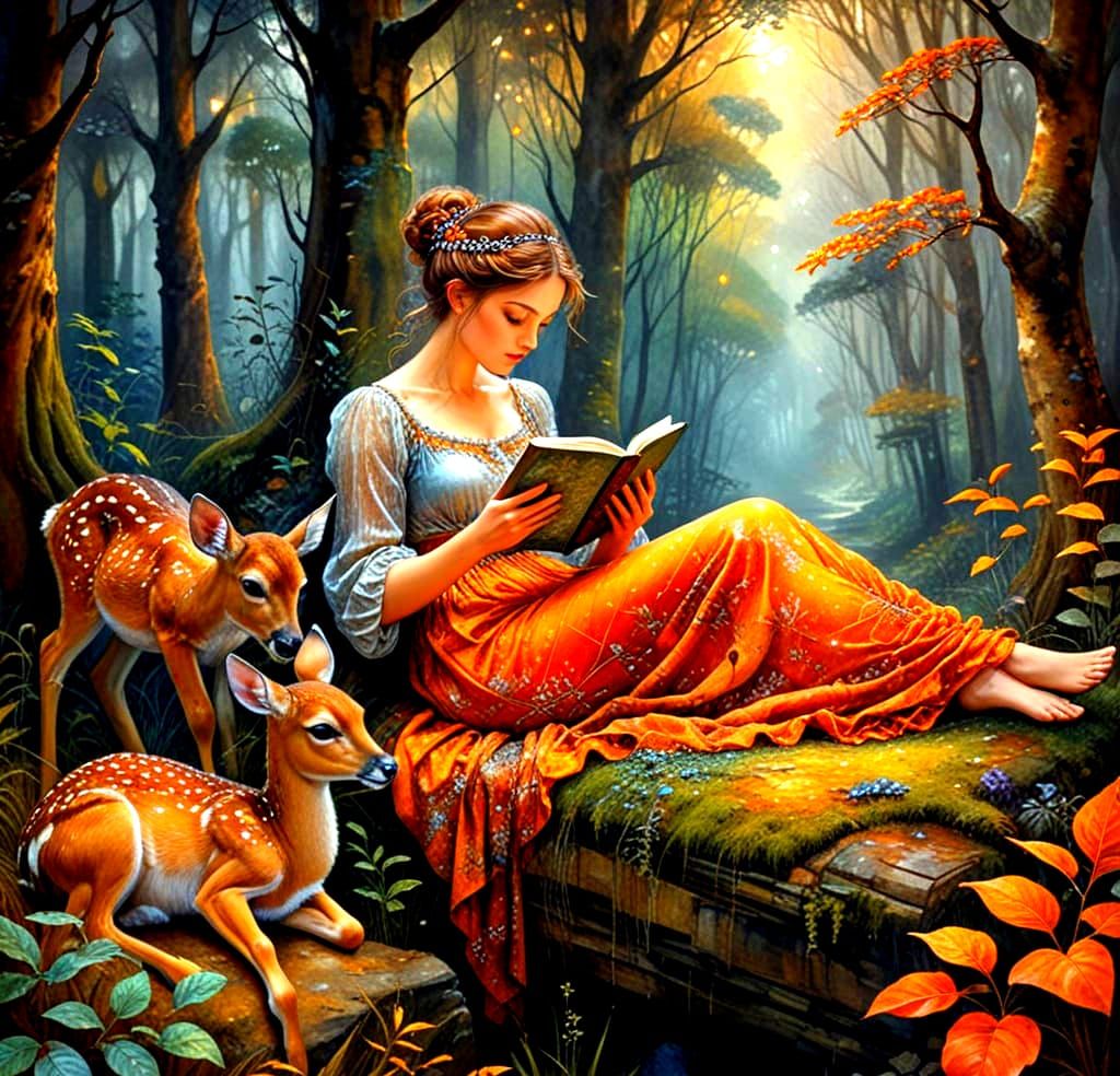 Girl in Whimsical Forest with Fawn, in Vibrant Deep Colors
