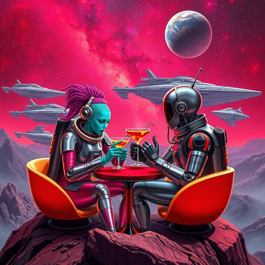 Cosmonauts in Luxurious Space Cafe on Asteroid