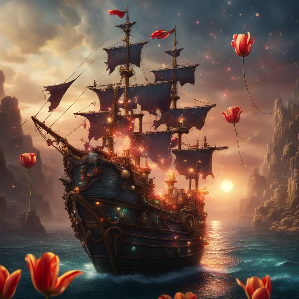 Illuminated Pirate Cat with Floating Tulips