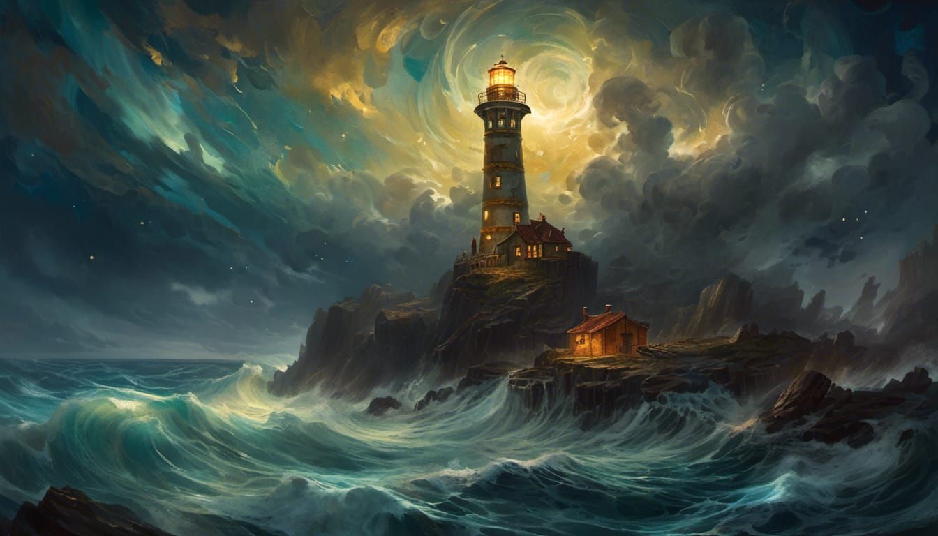 Golden Lighthouse Piercing Stormy Cosmic Sky