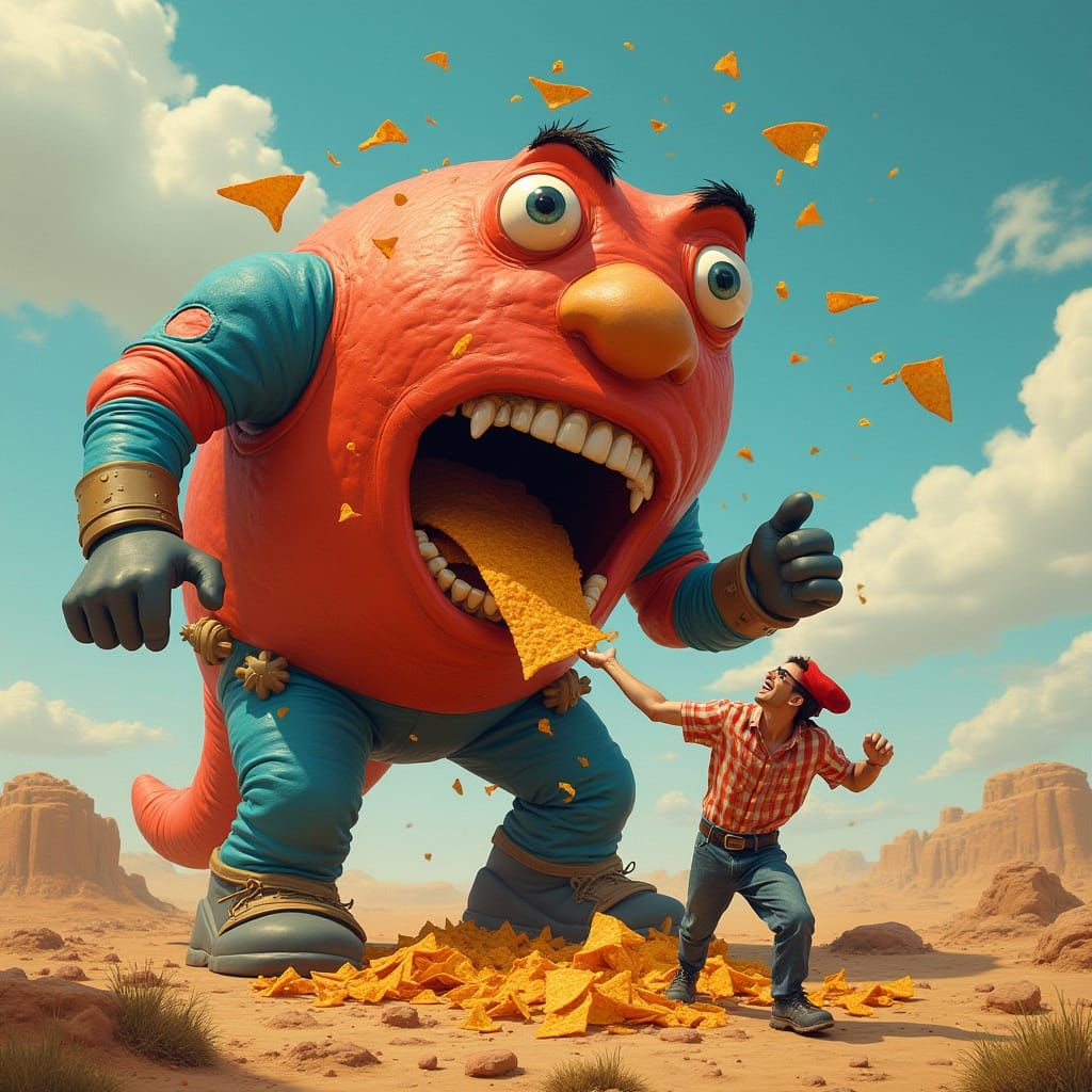 Giant Doritos Mascot Devouring Person in Surreal Scene