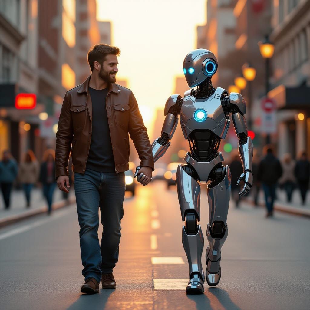 Man and Robot Hold Hands on City Street at Sunset