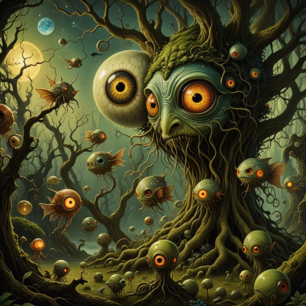 Surreal Dreamscape with Faerie Creatures and Giant Eyeball
