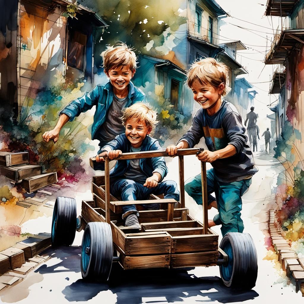 Happy kids young boys making building a go cart out of old p...