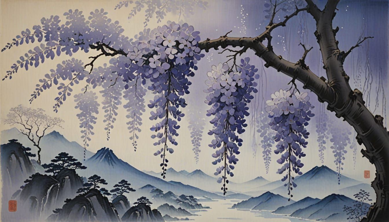 Ethereal Wisteria in Moonlight: Japanese Art Painting