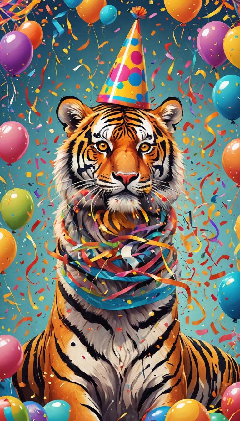 Festive Tiger Party in Fauvist Oil Painting