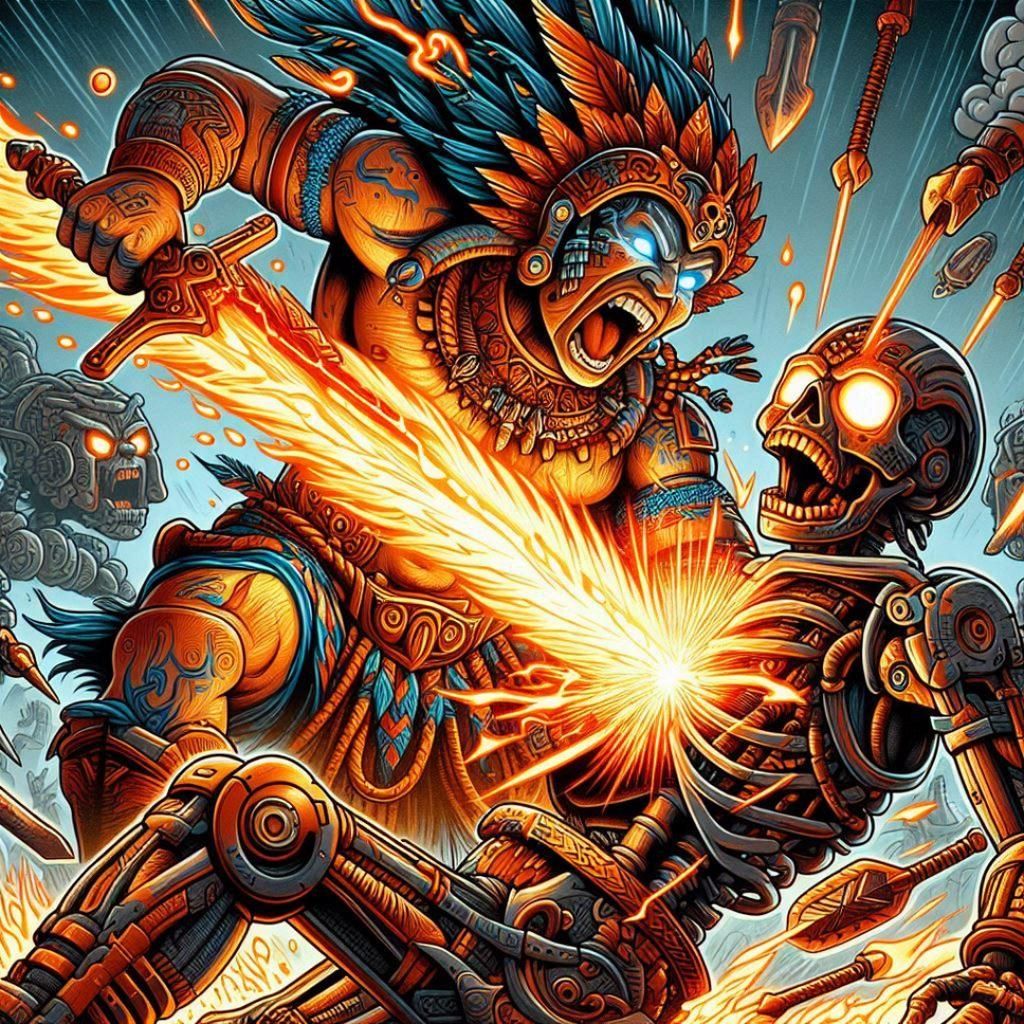 Tribal Warrior Stabs Cyborg with Flaming Sword