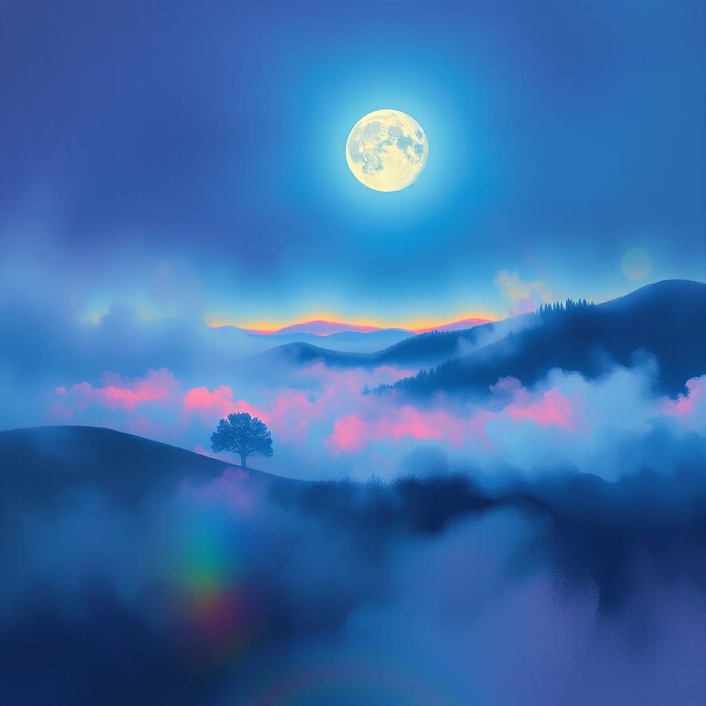 Moonlit Landscape with Vibrant Lunar Rainbow