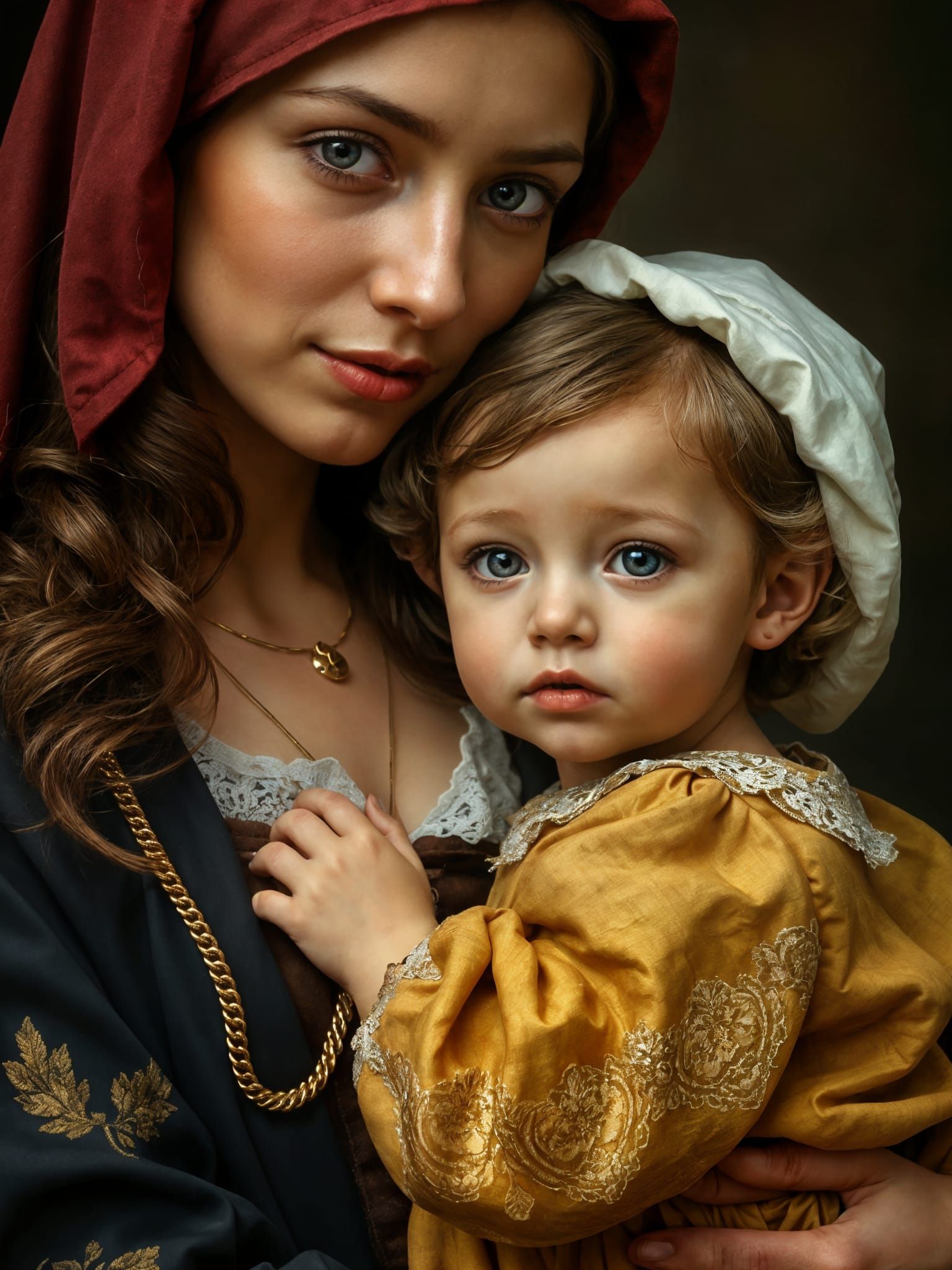 Mother and Child in Medieval Attire, a Realistic Portrait