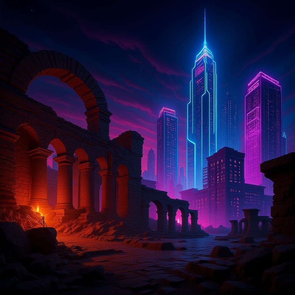 Timelines Converge: Ruins and Cyberpunk Dreamscape