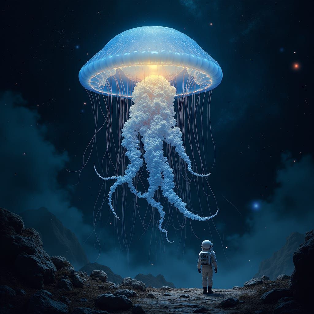 Bioluminescent Jellyfish Drifting Through Space