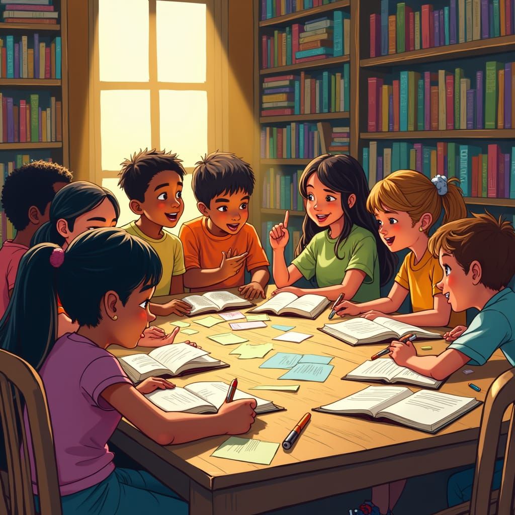 Children's Book Club Gathering in a Cozy Library Setting