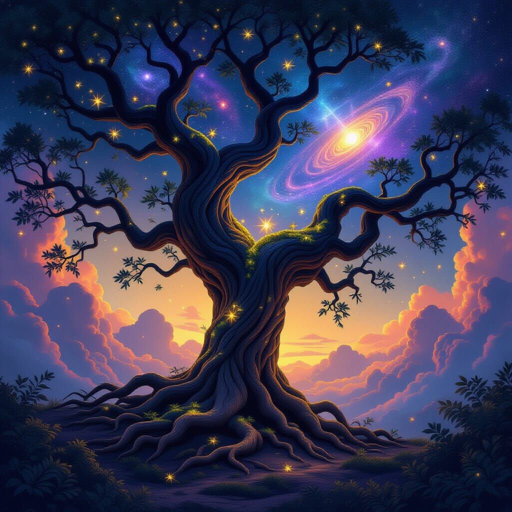 Ancient Cosmic Tree in Swirling Nebulae and Binary Stars