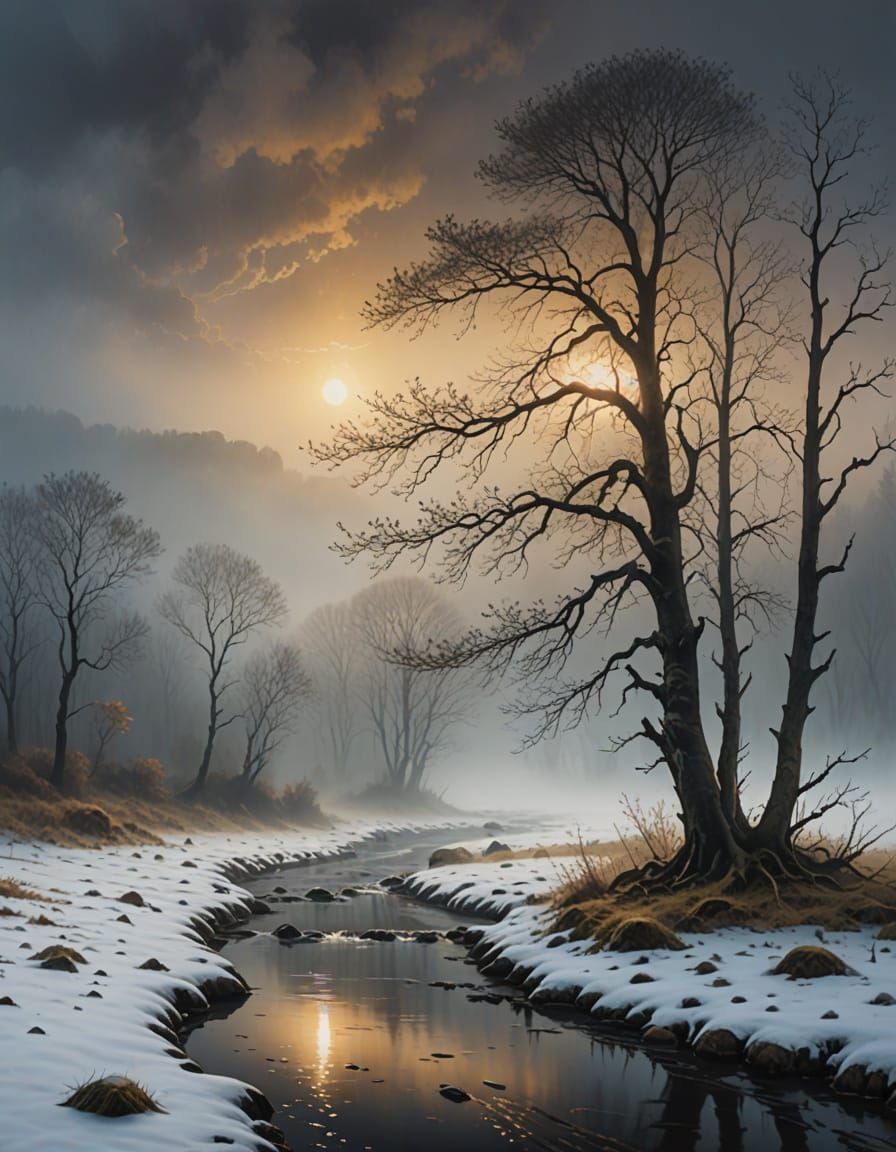 Surreal Stream Through Fog in Oil Painting Style