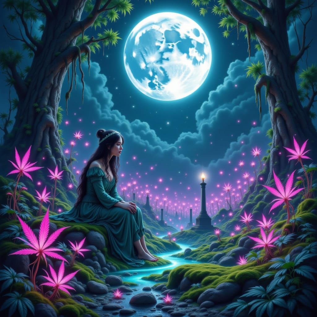 Airmid Weeping: Bioluminescent Grave in Mythical Forest