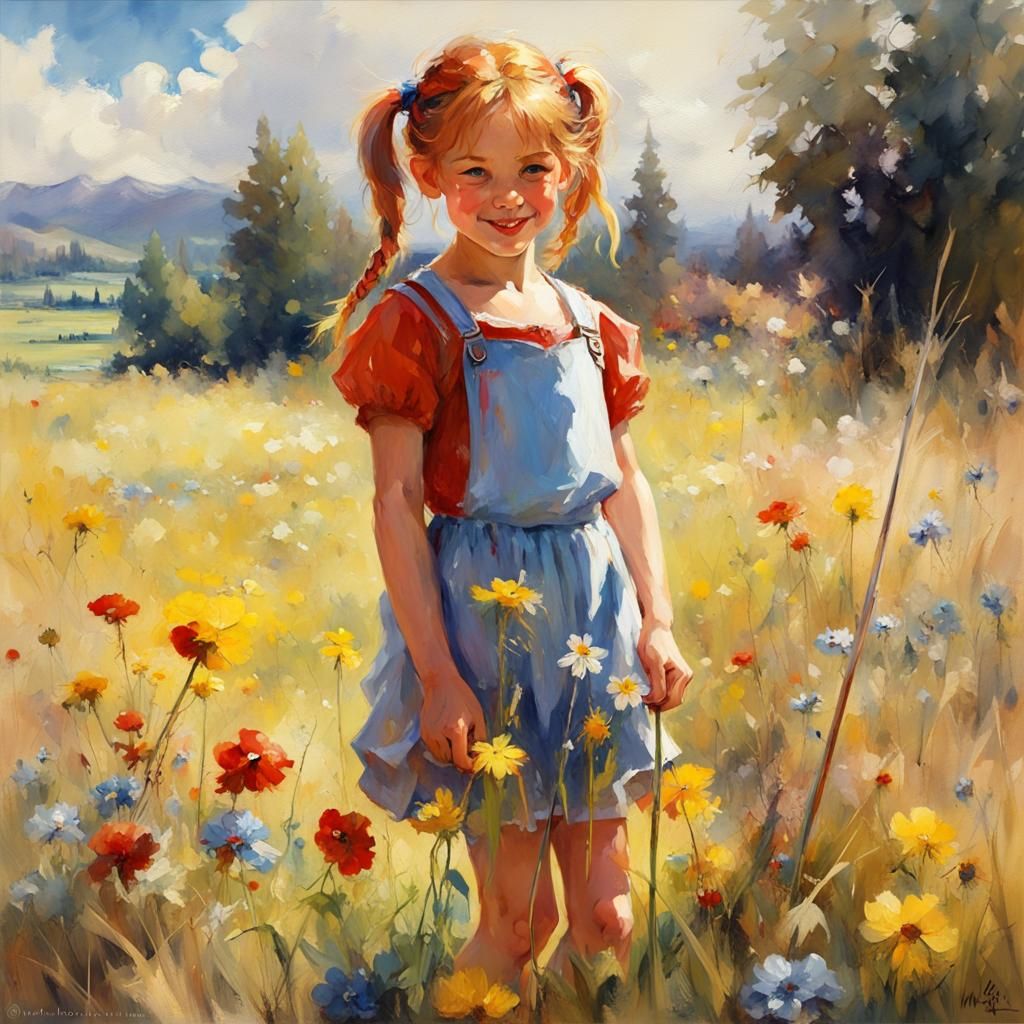Girl Tying Flowers on Meadow, Watercolor Style