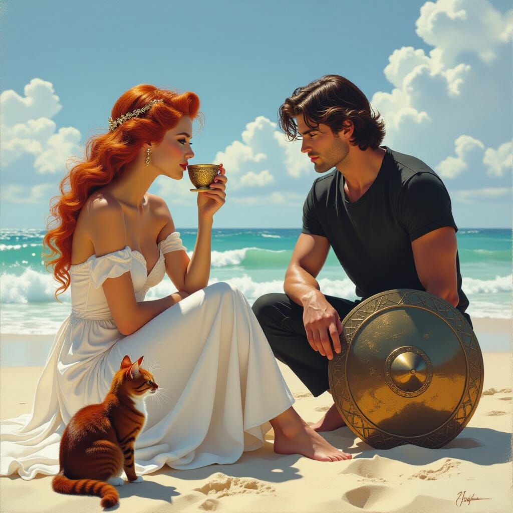 Ethereal Dark Fantasy Woman with Snake Hair and Ruby Cat