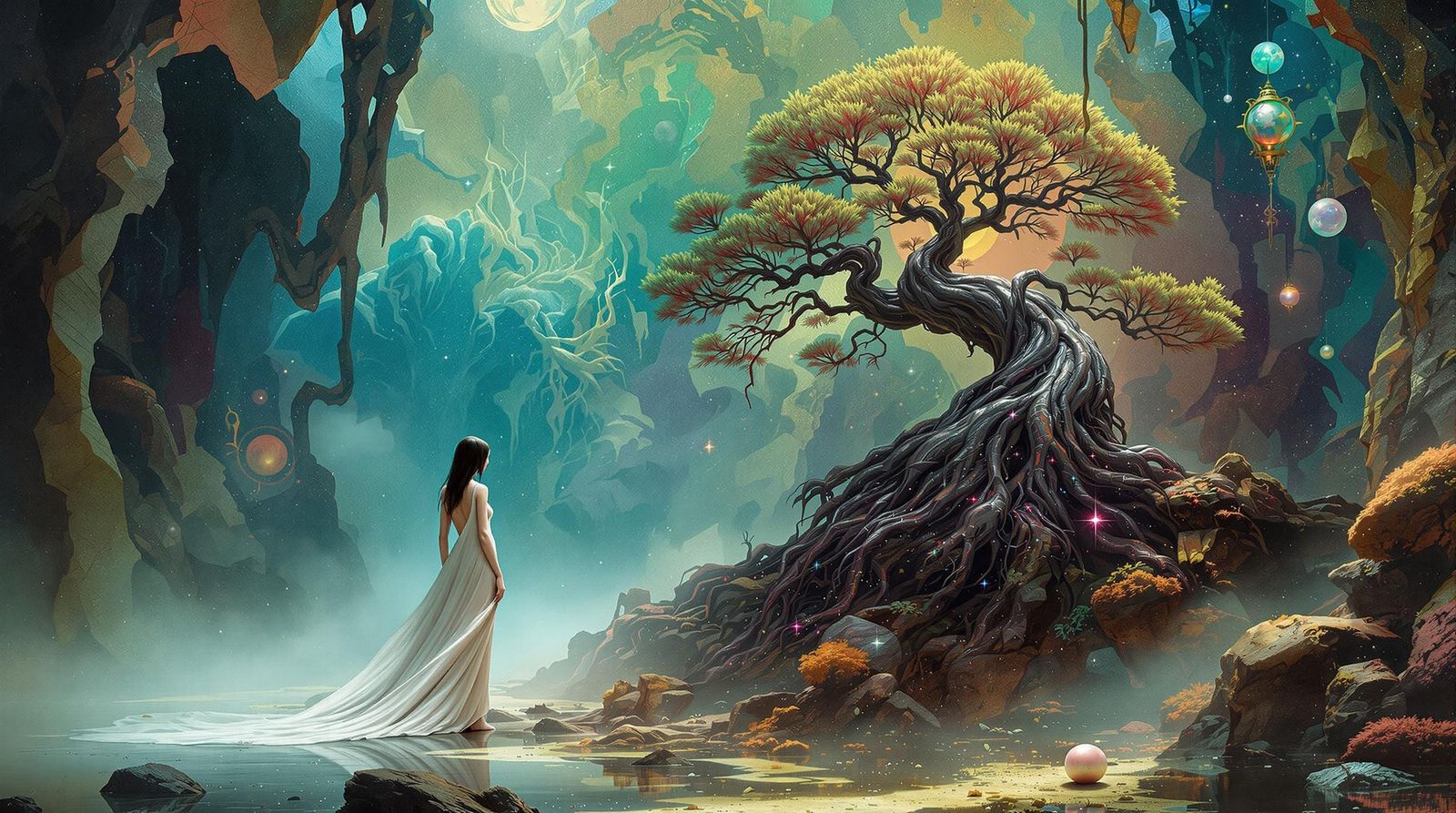 Dreamlike Bonsai Tree in Surreal Psychedelic Style