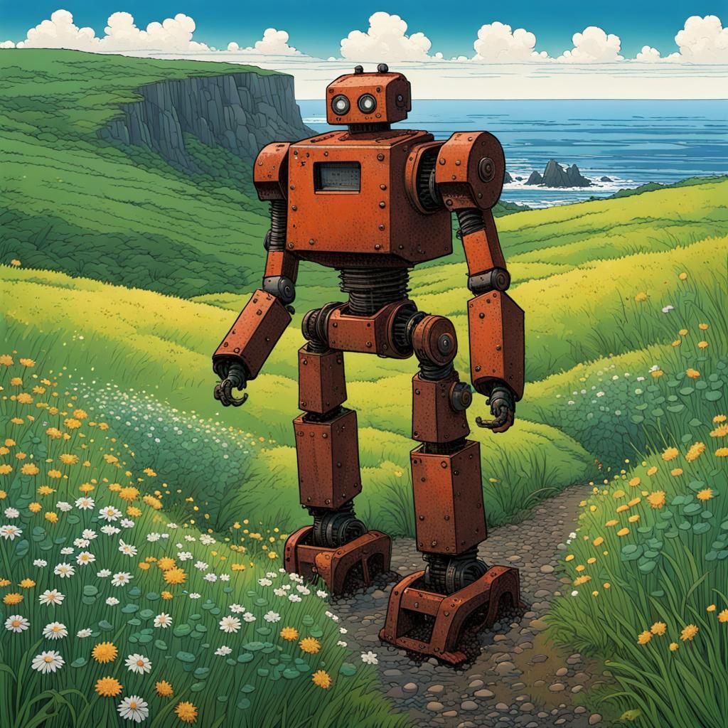 Rusty Robot in Irish Field, Woodblock Print